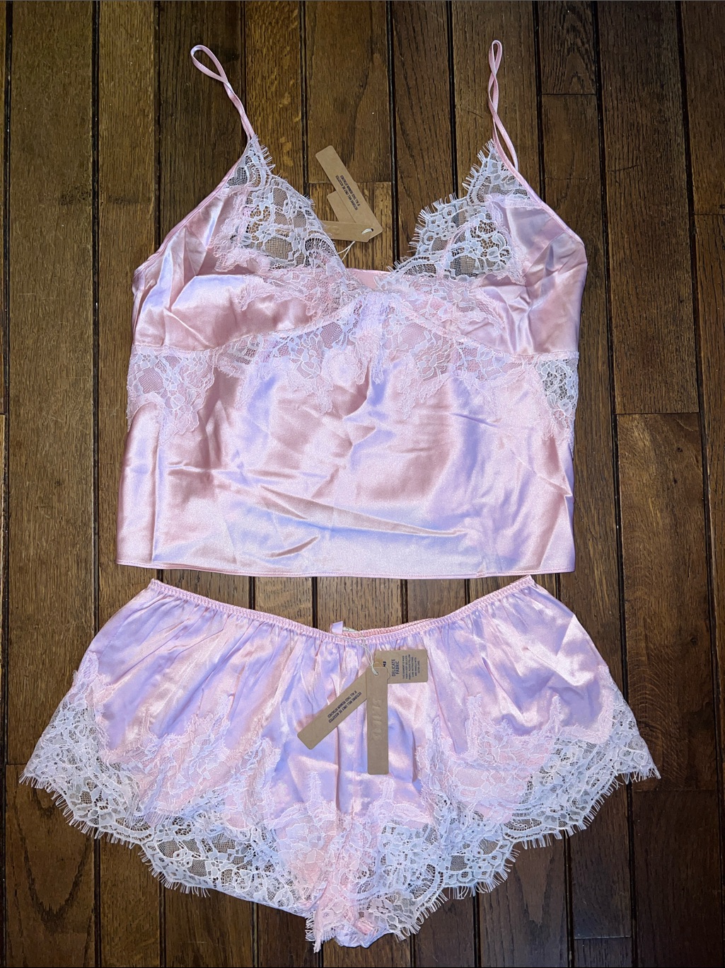 Skims Peony Pink Silk Lace Cami & Shorts Sleep Set Lingerie Size Medium Nwt